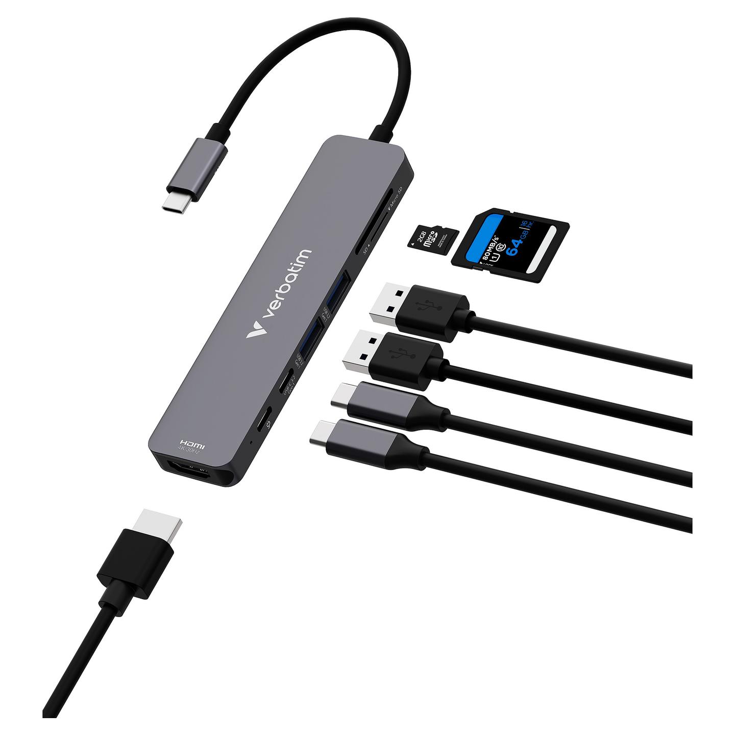 Hub USB-C Verbatim 32158, 7 Porta, HDMI 4K 30Hz, 2x USB-A 3.2 Gen 1, USB-C 3.2 Gen 1, USB-C PD 100W, SD, microSD – Gri - 2