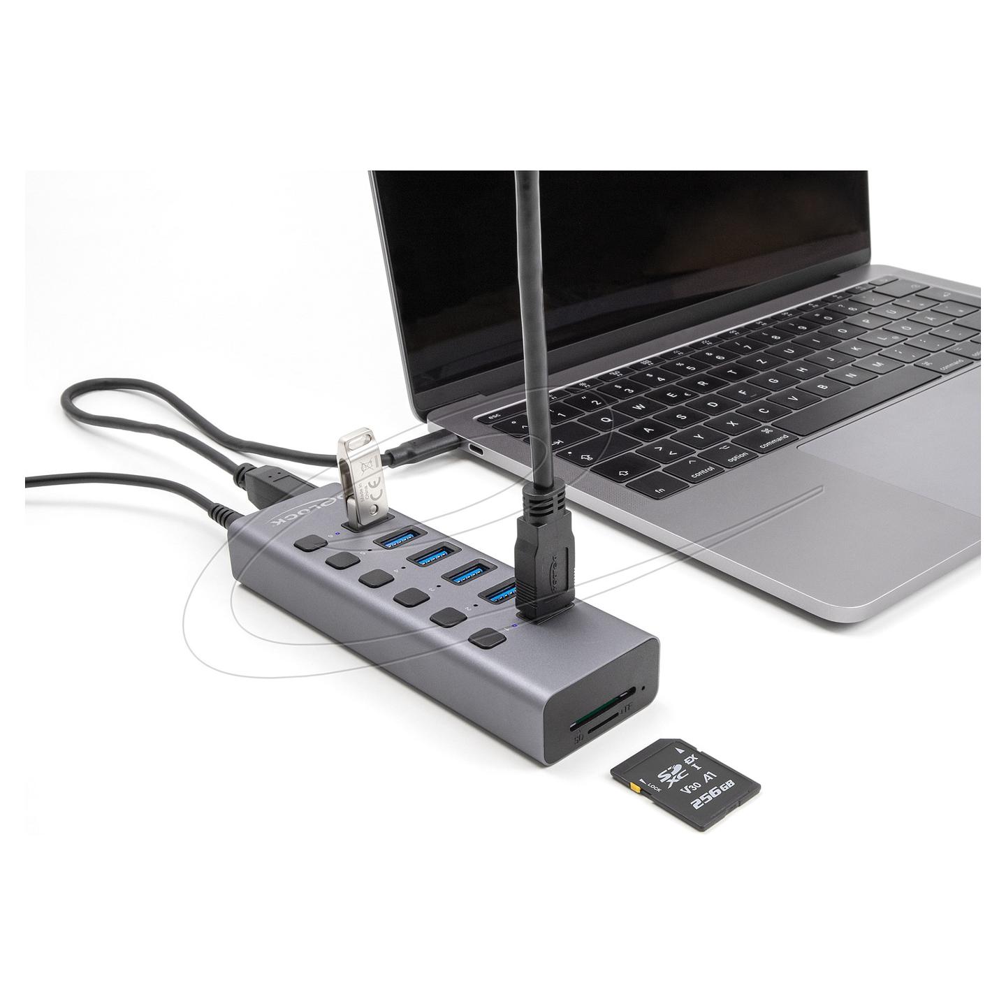Hub DeLOCK 64237 , 6x USB-A , USB 5Gbps , Lexues SD dhe MicroSD , Ndërprerës Individual , USB-A dhe USB-C , 20W - Gri - 4