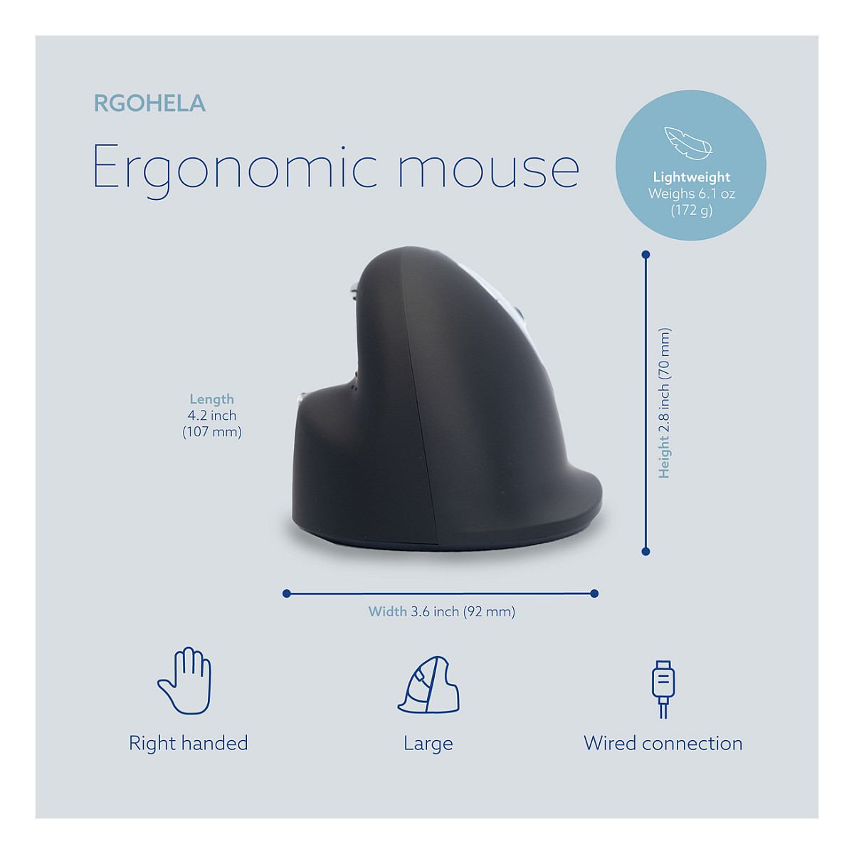 Maus me kabllo R-Go Tools HE Break / 2400 DPI / USB-A / 5 Butona - Zezë - 12