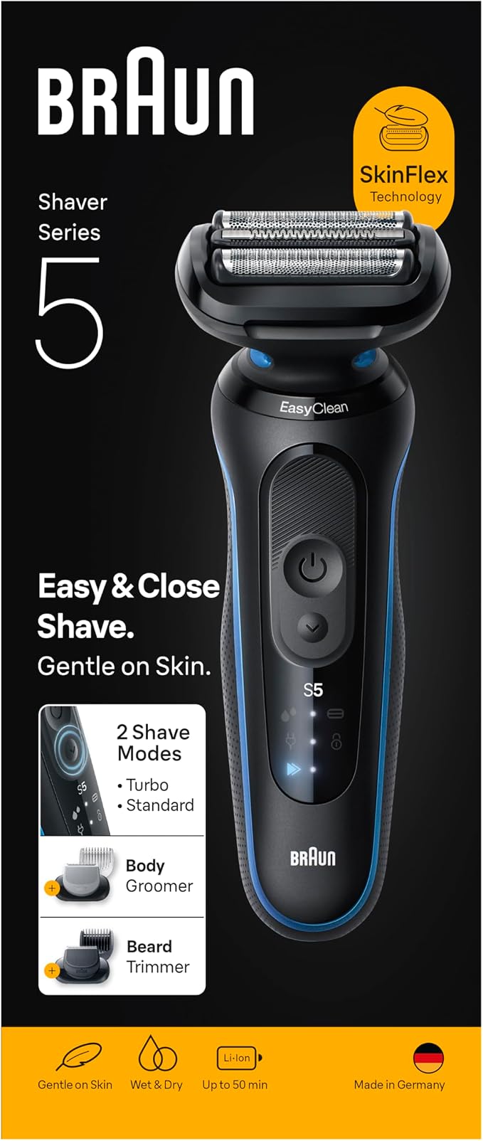 Makinë e rrojës Braun Series 5 52-B1650S / Wet & Dry / 100% Waterproof / EasyClick / Beard Trimmer / Body Groomer / 50 Min – Blu/Zezë - 2