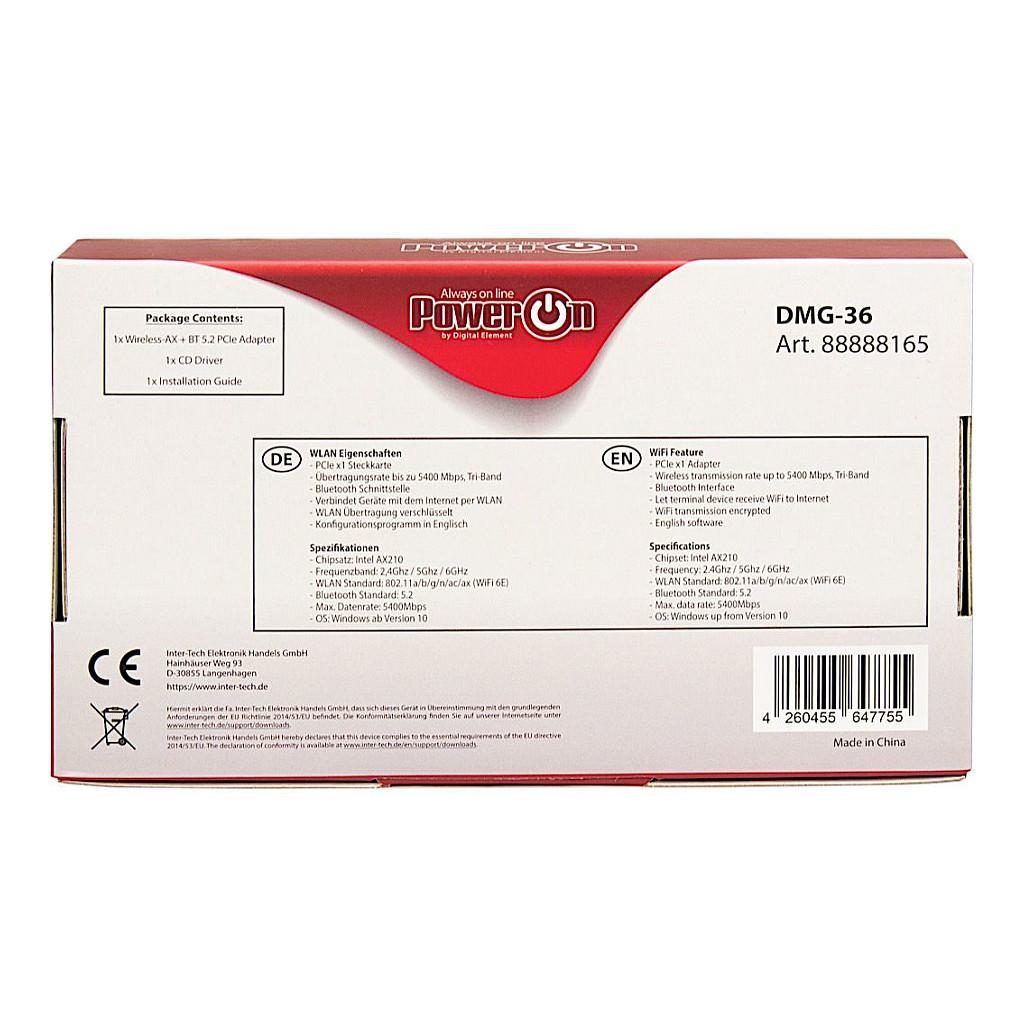 Karta të Rrjetit Inter-Tech DMG-36, PCI Express 2.0 x1, Tri-Band 2.4GHz + 5GHz + 6GHz, 5400Mbps, Wi-Fi 6E, Bluetooth 5.2, Intel AX210, 2x Antenë 6dBi, Low Profile - 4