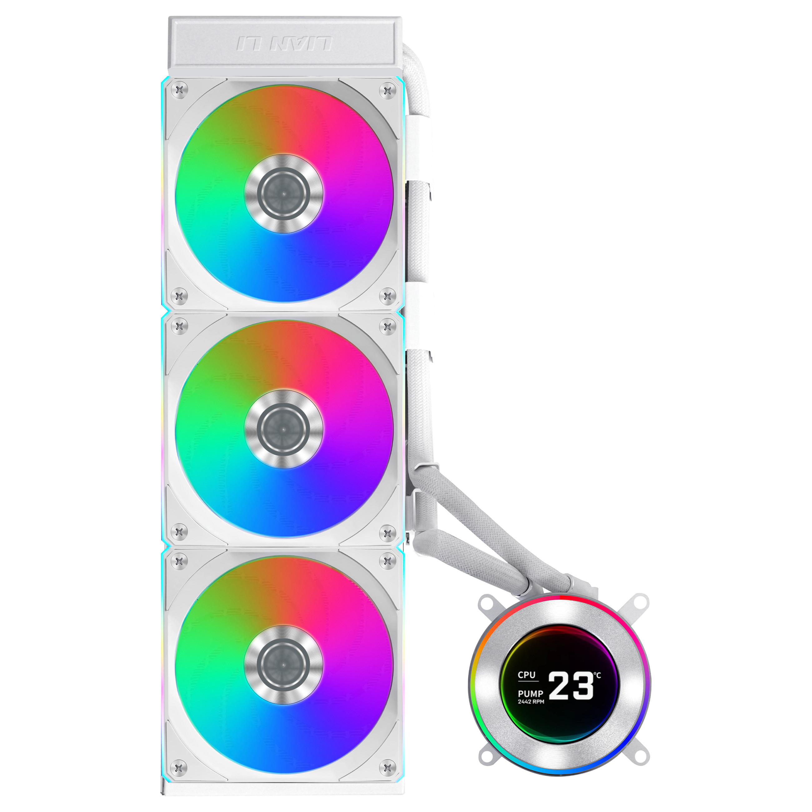Ftohës për Procesor Lian Li HydroShift II LCD-C 360CL / AIO / 360mm / 3×120mm UNI FAN CL Wireless / 2.1" IPS LCD / 2200 RPM / 72 CFM – Bardhë - 2