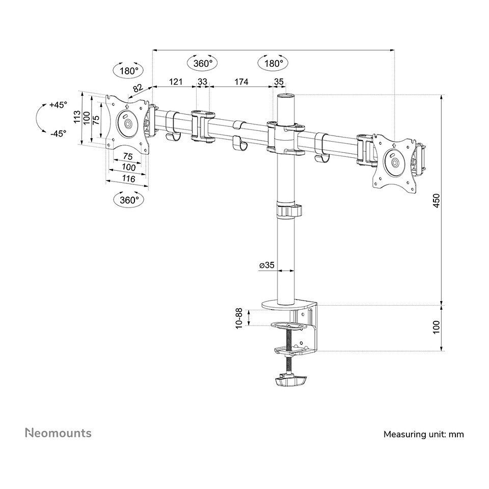 Mbajtëse për Monitor Neomounts / 2 Monitorë / 10"-27" / 8kg për Monitor / VESA 75x75-100x100 / Full Motion / Tavolinë - Zezë - 15