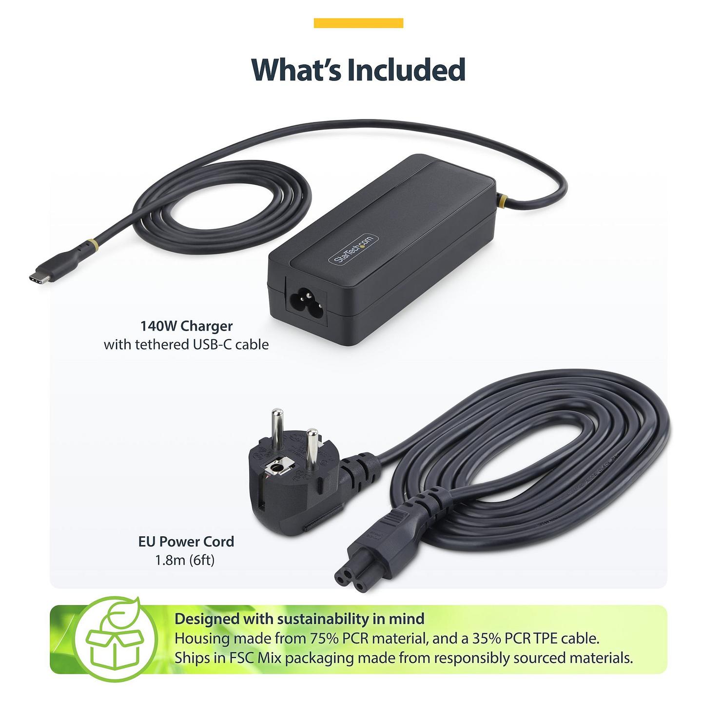 Adapter për Laptop StarTech 1140LE-USB-C-CHARGER, USB-C, 140W, GaN, Power Delivery 3.1, 5A - Zezë - 5