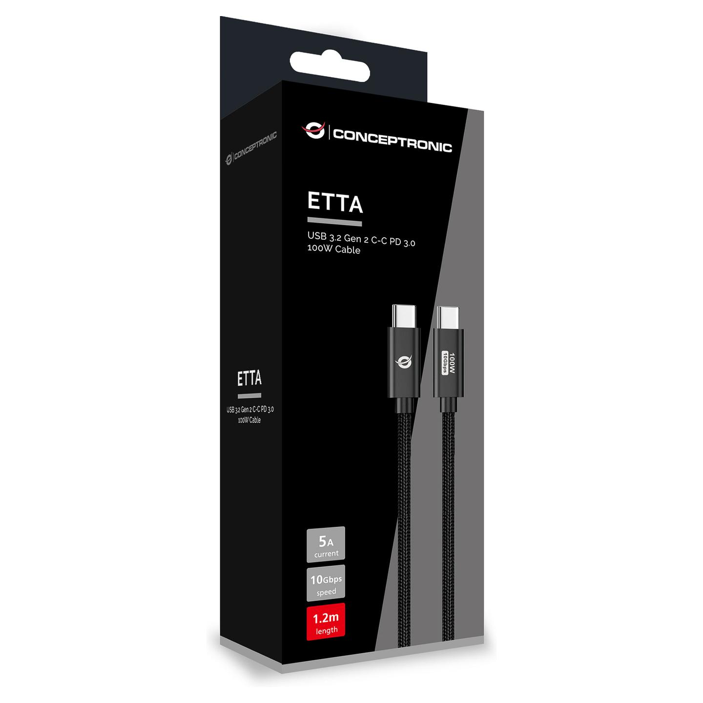 Kabllo USB Conceptronic ETTA02B12 / USB-C në USB-C / USB 3.2 Gen 2 / 20 Gbit/s / PD 3.0 100W / E-Mark / 1.2m - Zezë - 4