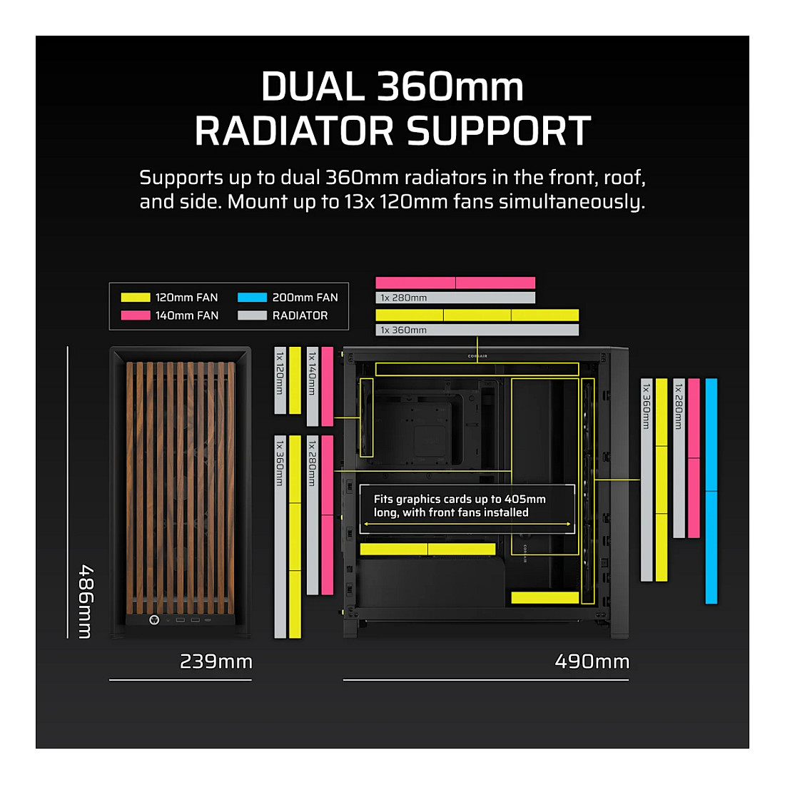 Kasë PC Corsair FRAME 4000D WOOD RS / Mid Tower / E-ATX / 3x 120mm + 1x 120mm RS Fan / Tempered Glass / Wood / 360mm Radiator - Zezë - 8
