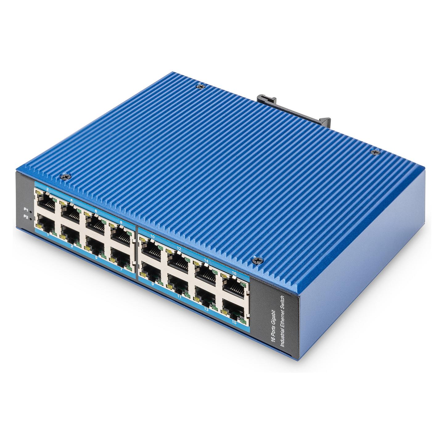 Switch Industrial DIGITUS DN-651129, 16x Gigabit Ethernet RJ45, IP40, DIN-Rail - Blu