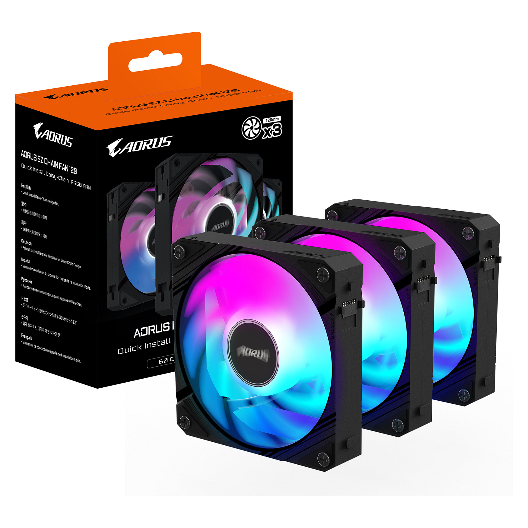Ftohës për Kasë Gigabyte AORUS EZ CHAIN / 120mm / 600-2000 RPM / ARGB / PWM / 3-Pack – Zezë - 7