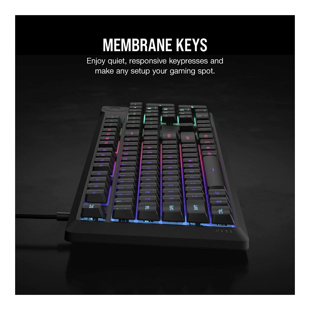 Tastierë Gaming Corsair K55 Core RGB / QWERTZ (DE) / Membrane / 110 Taste / 10-Zone RGB / 1000 Hz / 12-Key Rollover / 6 Makro / USB-A – Zezë - 4