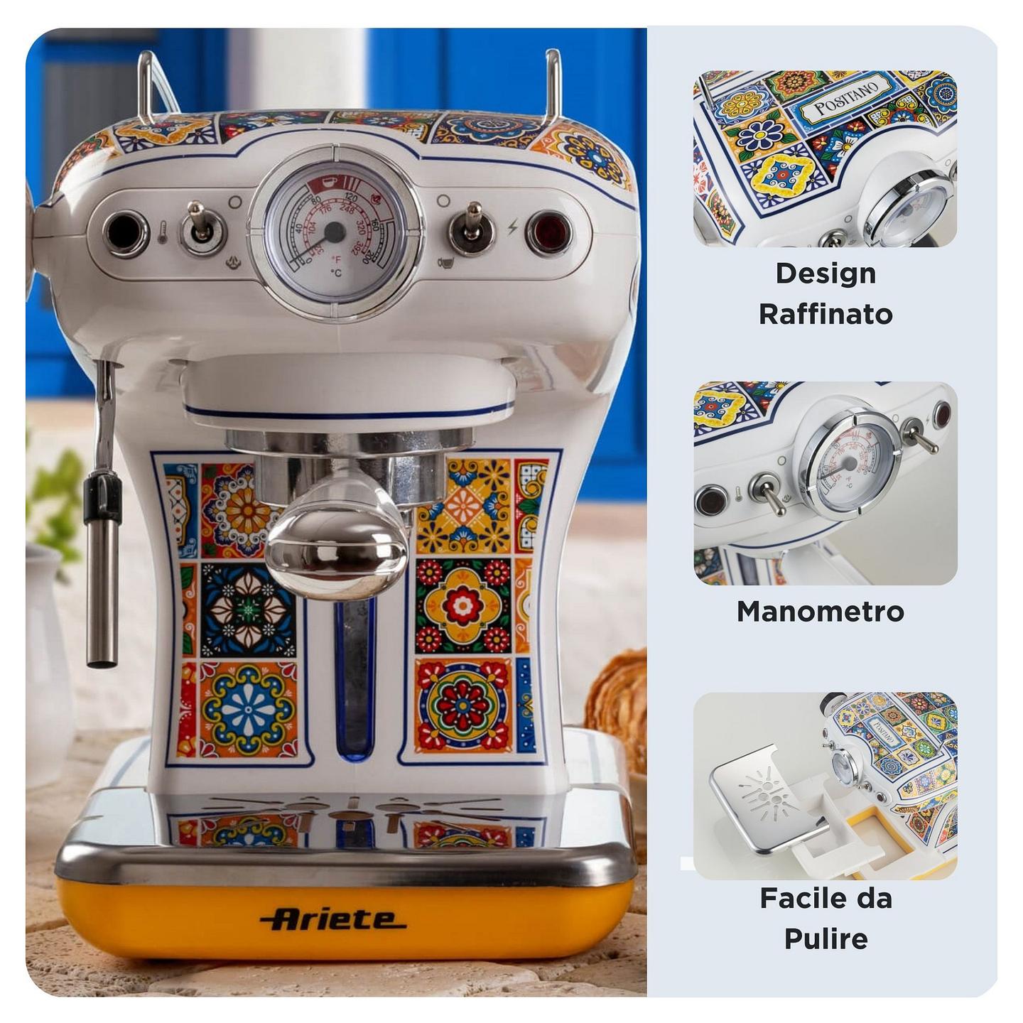 Aparat Manual për Espresso Ariete Positano 1389/1P, 850 W, 15 bar, Rezervuar 0.9 L, Kapsula ESE - Bardhë/Shumëngjyrësh - 3