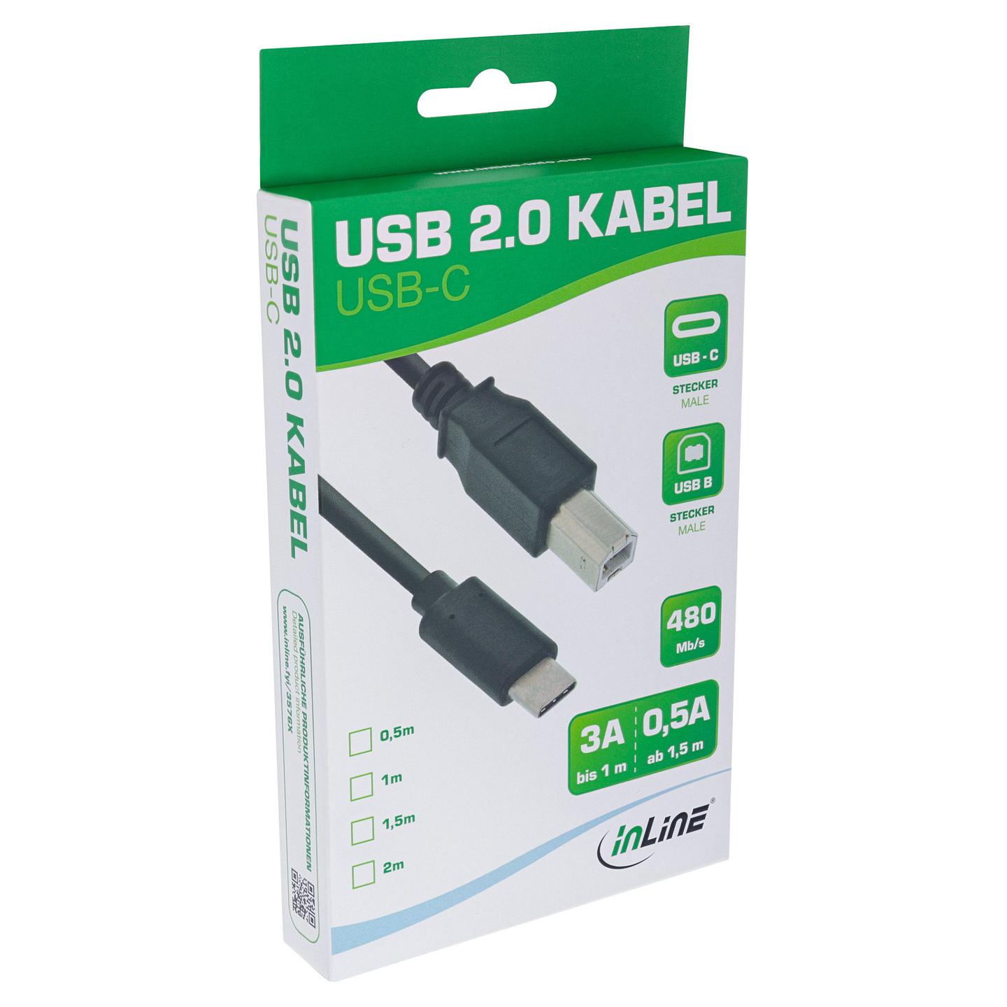 Kabllo USB InLine 35762, USB-C në USB-B, 2 m, USB 2.0, 480 Mbps - Zezë - 2
