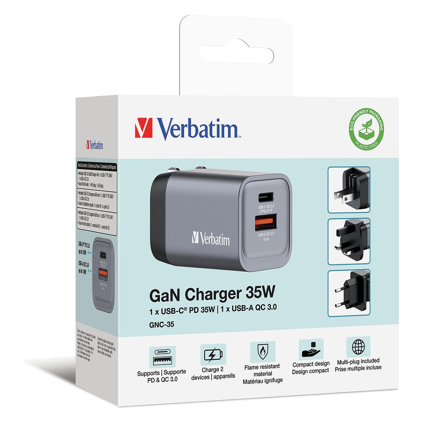 Karikues Verbatim GNC-35, GaN, 35W, USB-C PD 3.0, USB-A QC 3.0, Adapterë EU/UK/US – Gri - 2