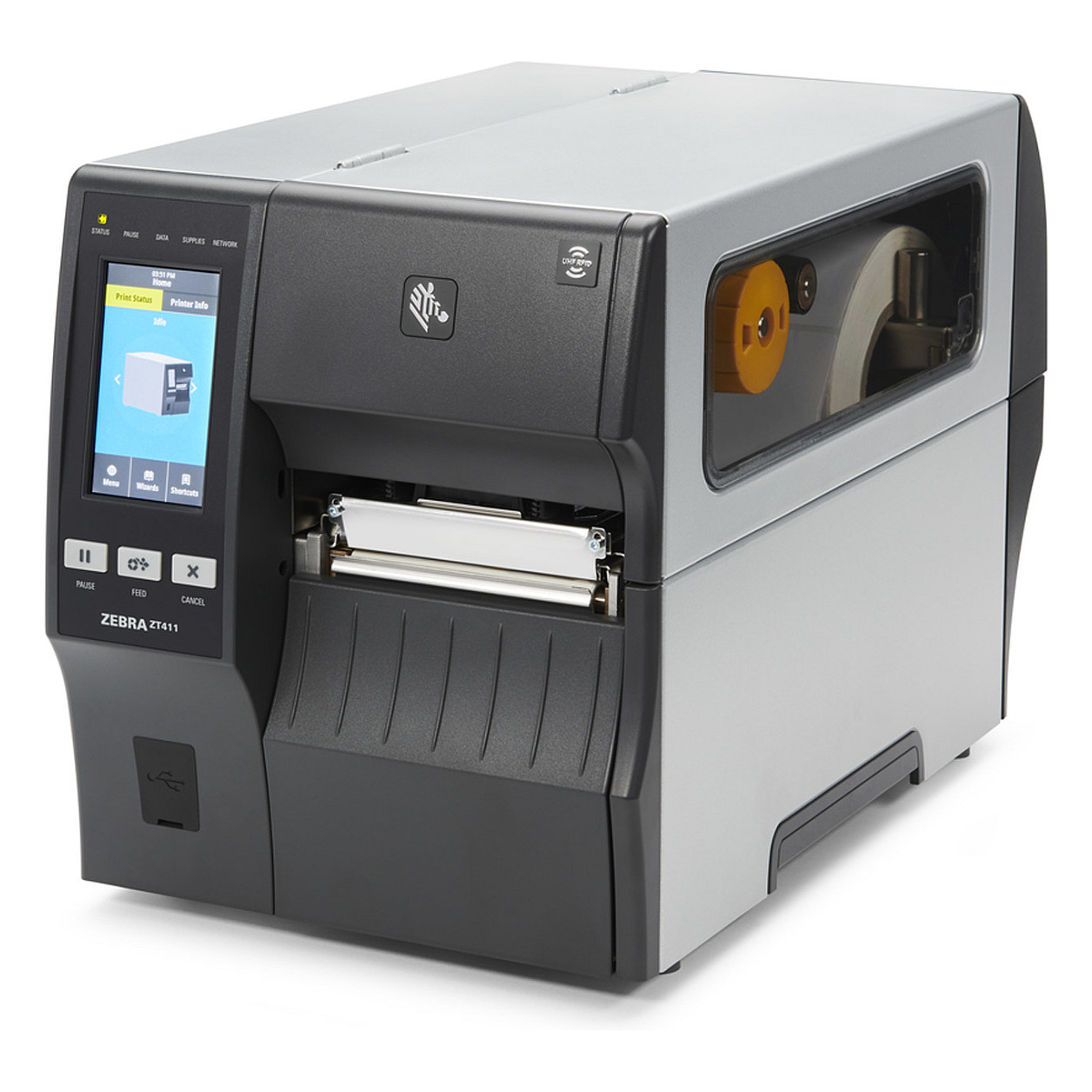 Printer Label Zebra ZT411 / Për Etiketa / 203 DPI / 104mm / 356 mm/sec / USB + LAN - Zezë/Hiri