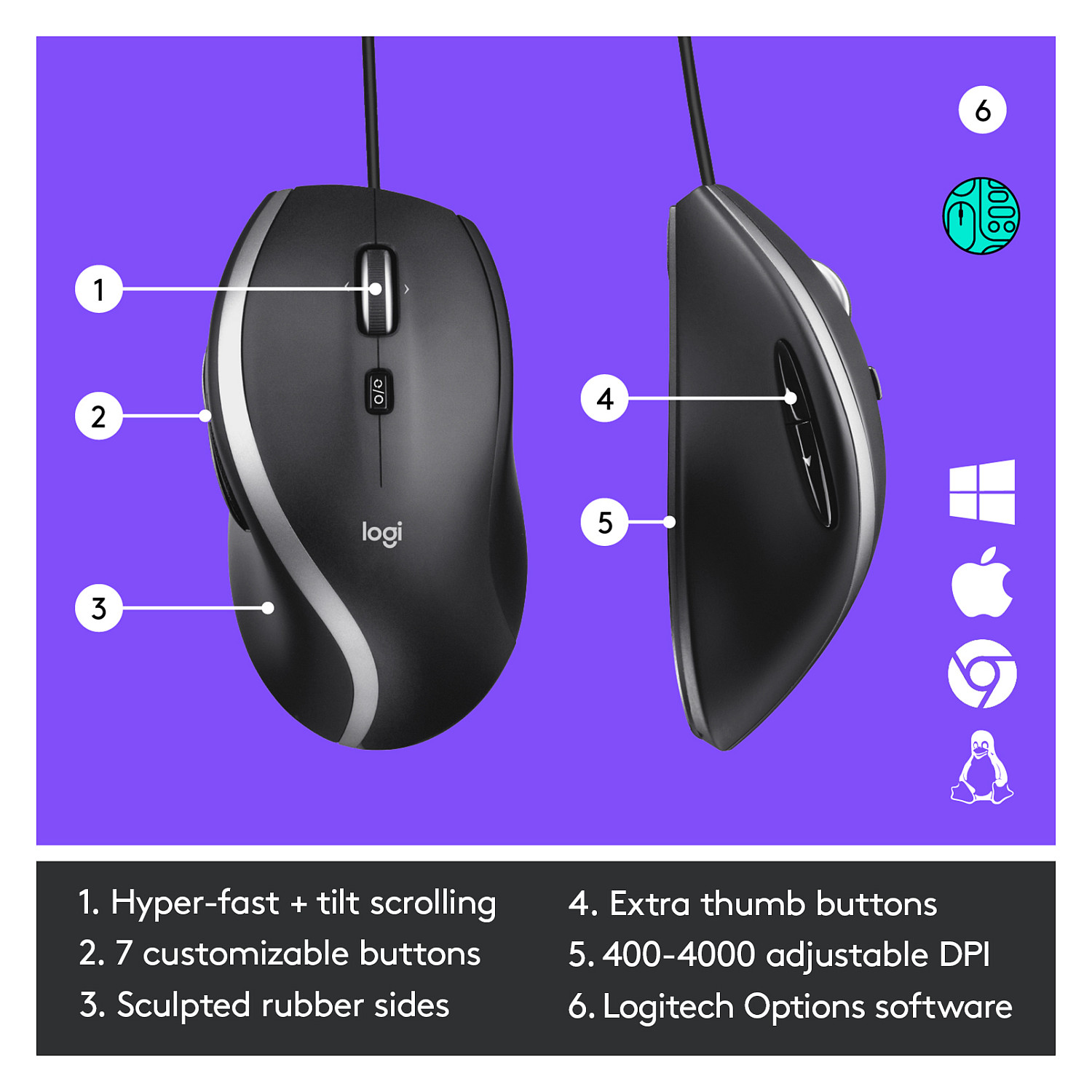 Maus me kabllo Logitech M500s / Optik / 4000 DPI / 7 Butona / Hyper-Fast Scroll - Zezë - 9