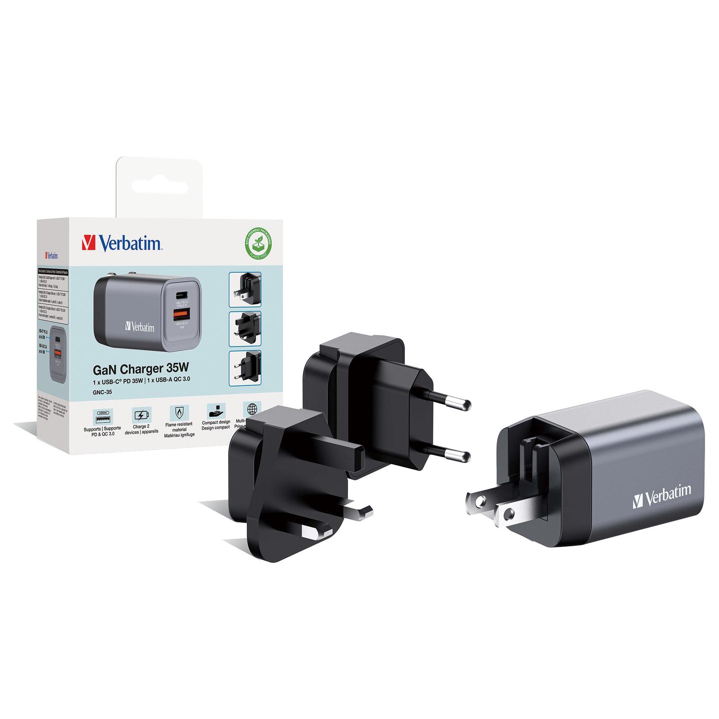 Karikues Verbatim GNC-35, GaN, 35W, USB-C PD 3.0, USB-A QC 3.0, Adapterë EU/UK/US – Gri - 8