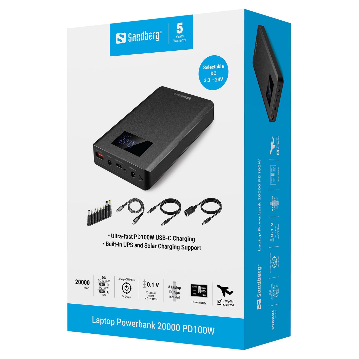 Powerbank Sandberg Laptop / 20000mAh / USB-C PD 100W / DC 96W / USB-A 18W / UPS 12V - Zezë - 7