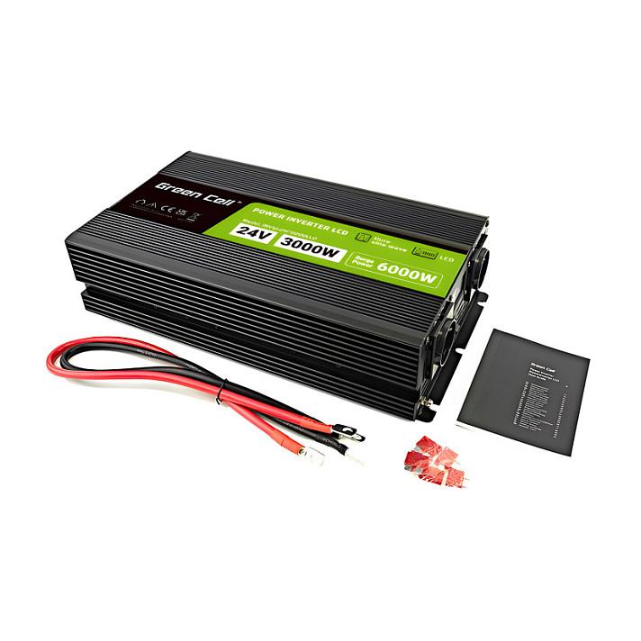Inverter Green Cell PowerInverter LCD, 24 V, 3000 W, Sinus i pastër, me ekran LCD - Zezë - 3