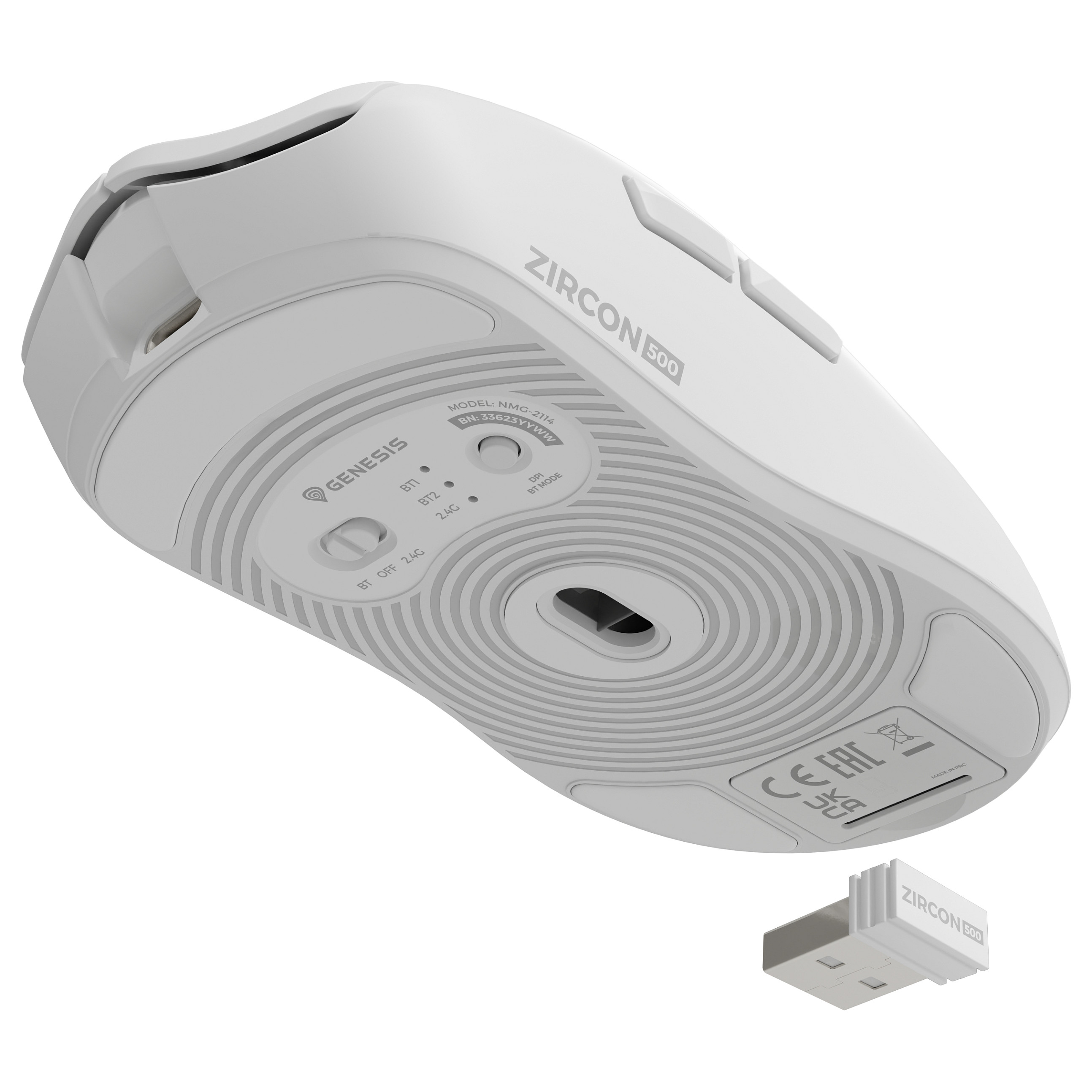 Maus Gaming Genesis Zircon 500 / Wireless / PMW3325 / 10.000 DPI / 2.4 GHz + Bluetooth - Bardhë - 7