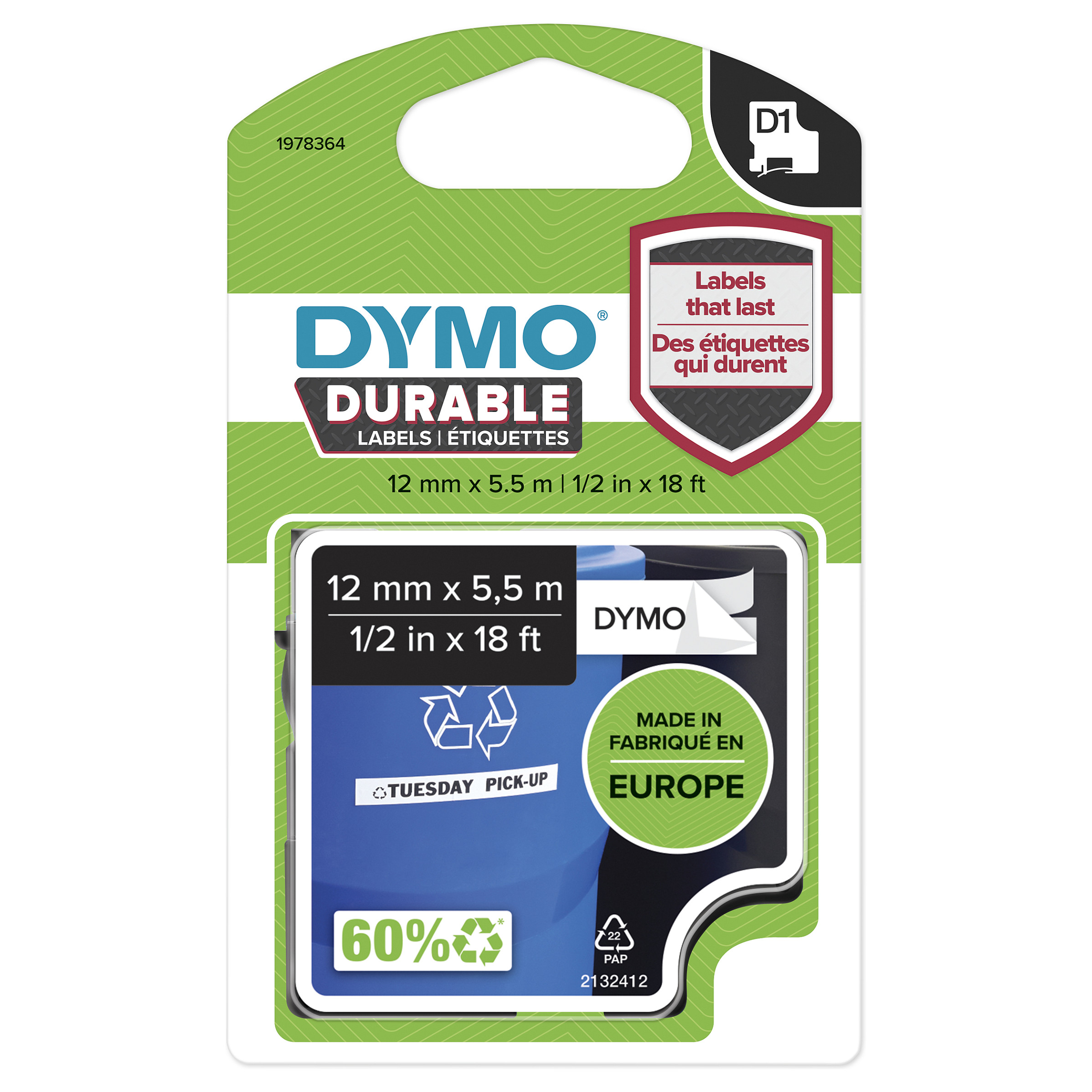 Shirit Etiketimi DYMO D1 Durable / 12 mm x 5.5 m / E zezë në të Bardhë - 14
