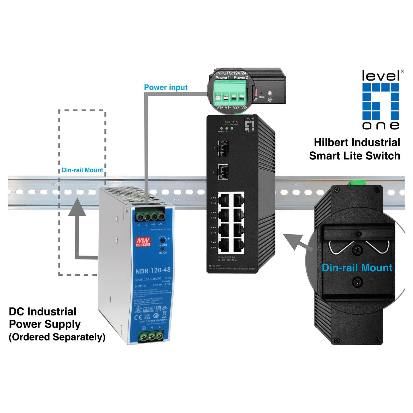 Switch Industrial LevelOne IGS-2110, 8x Gigabit Ethernet RJ45, 2x Gigabit SFP, Switching Capacity 20Gbps, Layer 2 Managed, IP30, Fanless, DIN-Rail - Zezë - 4