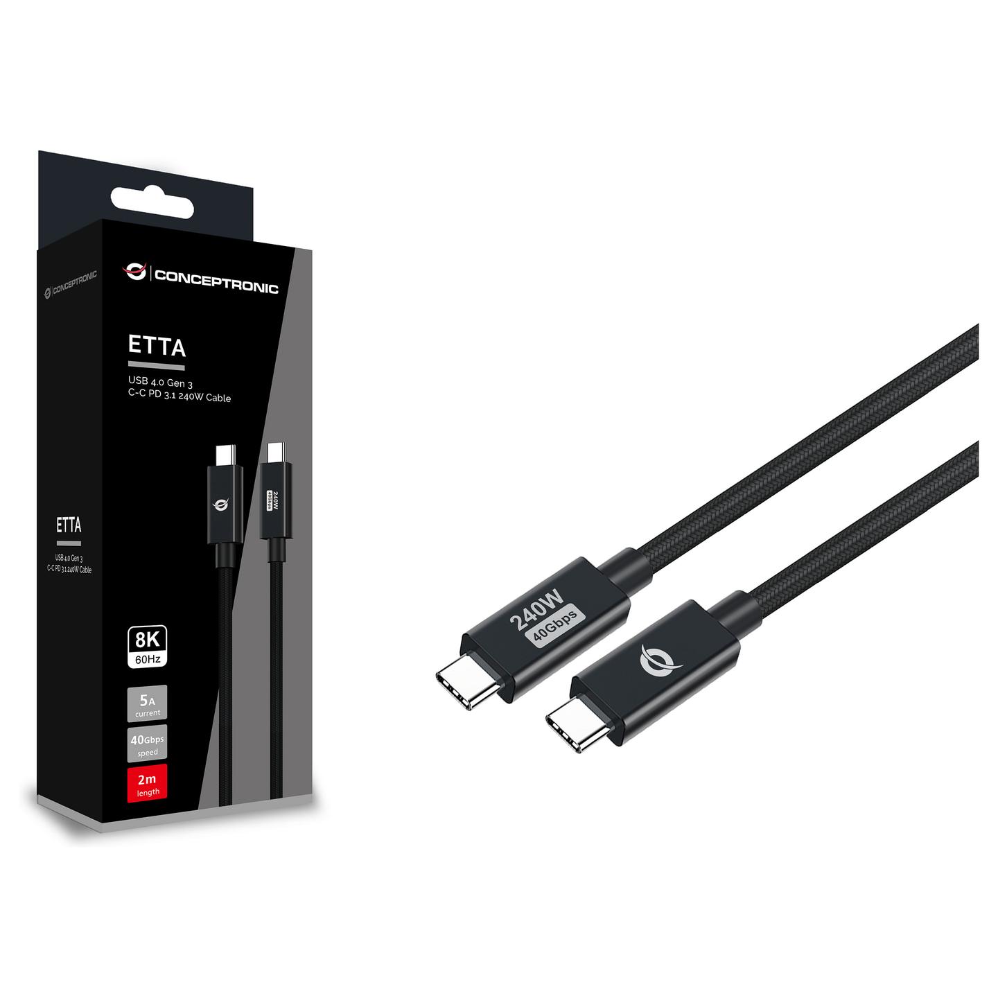 Kabllo USB Conceptronic ETTA04B20 / USB-C në USB-C / USB4 Gen 3x2 / 40 Gbit/s / PD 3.1 240W / E-Mark / 2m - Zezë - 3