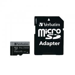 Kartë Memorie MicroSDXC Verbatim Pro, 256GB, UHS-I U3, V30, A2, 100/90 MB/s, me Adapter - Zezë/Gri