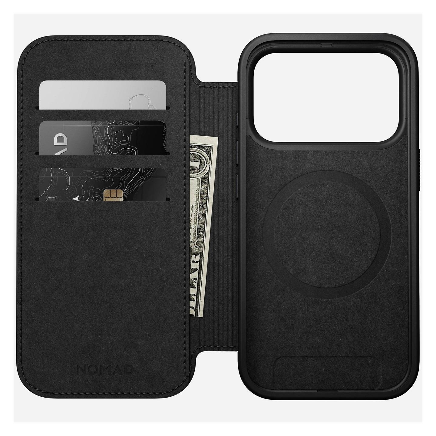 Case për Telefon Nomad Modern Leather Folio, iPhone 17 Pro, Lëkurë, MagSafe, Mbyllje Magnetike, 3 Vende për Karta, Mbrojtje deri 2.4m - Kafe e çelët - 2