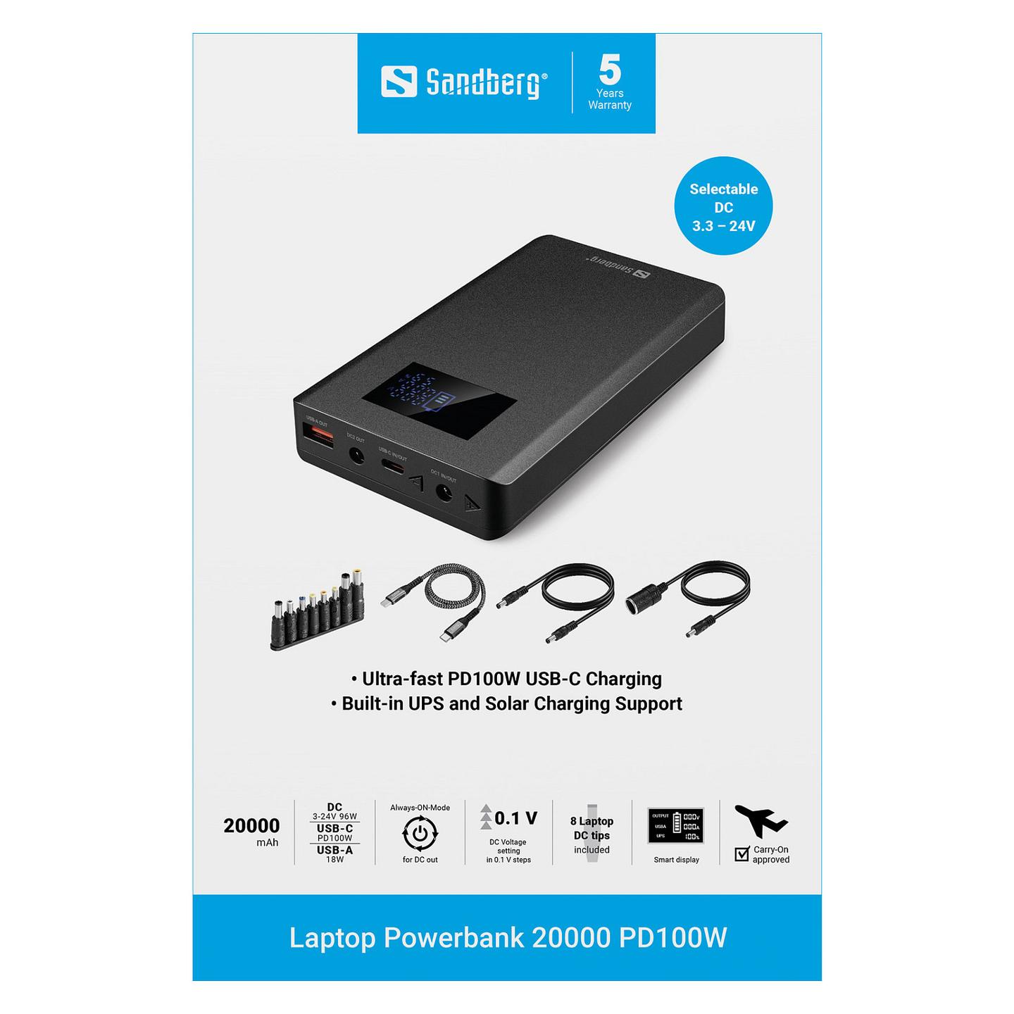 Powerbank Sandberg Laptop / 20000mAh / USB-C PD 100W / DC 96W / USB-A 18W / UPS 12V - Zezë - 8