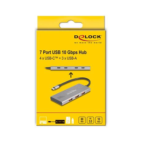 Hub USB DeLOCK 64313 / USB 10 Gbit/s / 4x USB-C + 3x USB-A / Power Delivery 80W / 0.18 m - Gri - 4