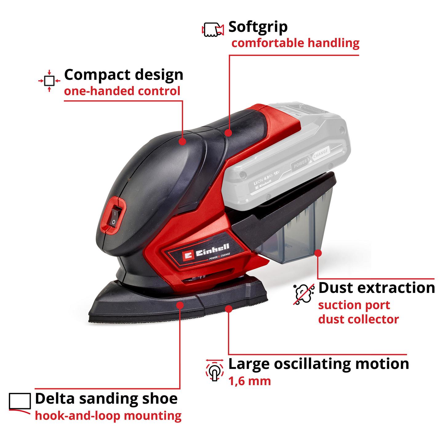 Lëmues me Bateri Einhell TE-OS 18/150 Li Solo, 18V, 24000rpm, 150x150x100mm - Kuqe/Zezë - 2