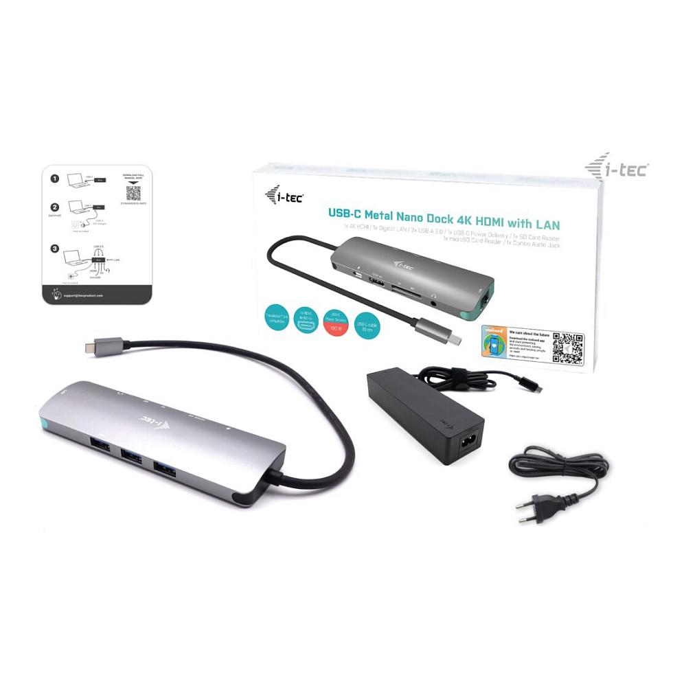 Docking Station i-tec C31NANOLANPD100, USB-C, HDMI 4K 60Hz, 3x USB-A, Gigabit Ethernet, Power Delivery 100W - Gri - 5