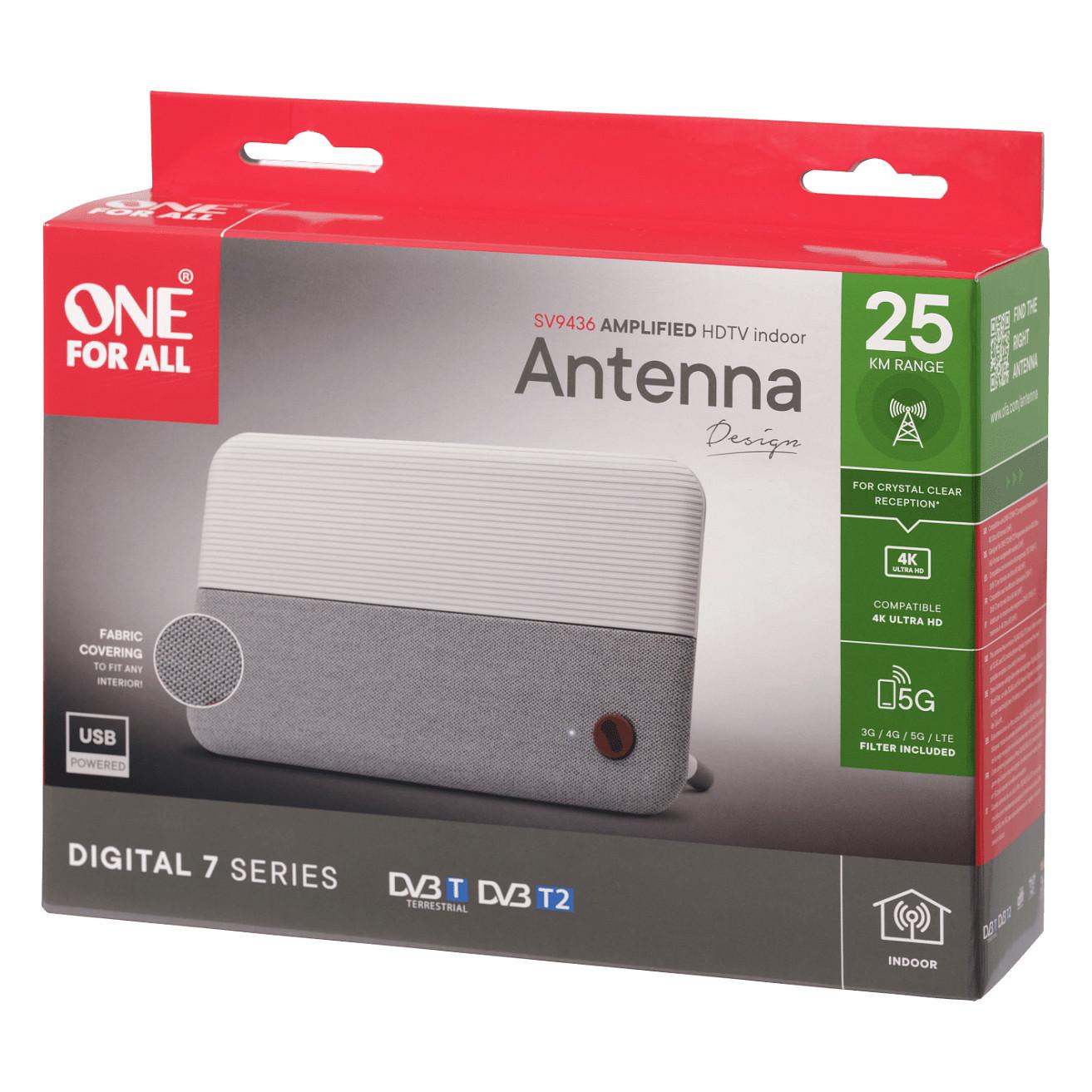 Antenë e brendshme për TV One For All SV9436-5G, DVB-T2, pritje 360°, rezolucion deri në 4K UHD, filtër 3G/4G/5G, kabllo koaksiale 1.8 m - Bardhë - 6