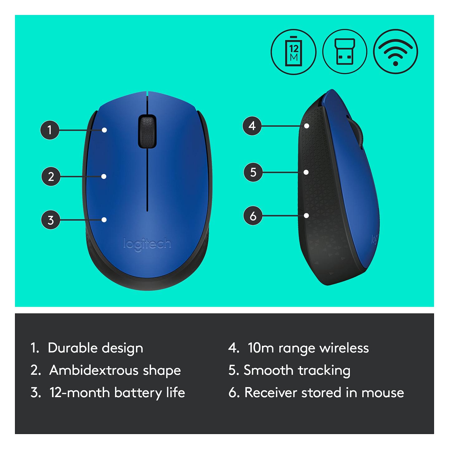 Maus pa kabllo Logitech M171 / Wireless 2.4GHz / Optik / 1000 DPI / 3 Butona / Nano USB Receiver - Blu/Zezë - 11