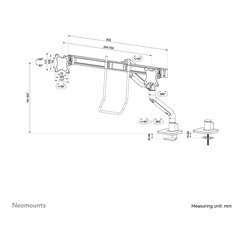 Mbajtëse për Monitor Neomounts / 2 Monitorë / 17"-32" / 8kg për Monitor / VESA 75x75-100x100 / Full Motion / Gas Spring / Tavolinë - Bardhë - 17