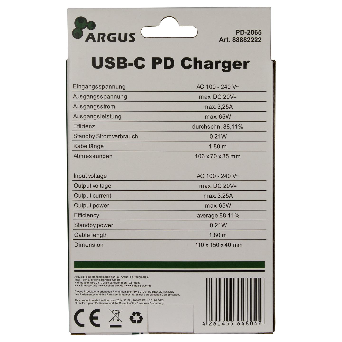Karikues Inter-Tech PD-2065, USB-C, Power Delivery 3.0, 65W, Kabllo 1.8m - Zezë - 3