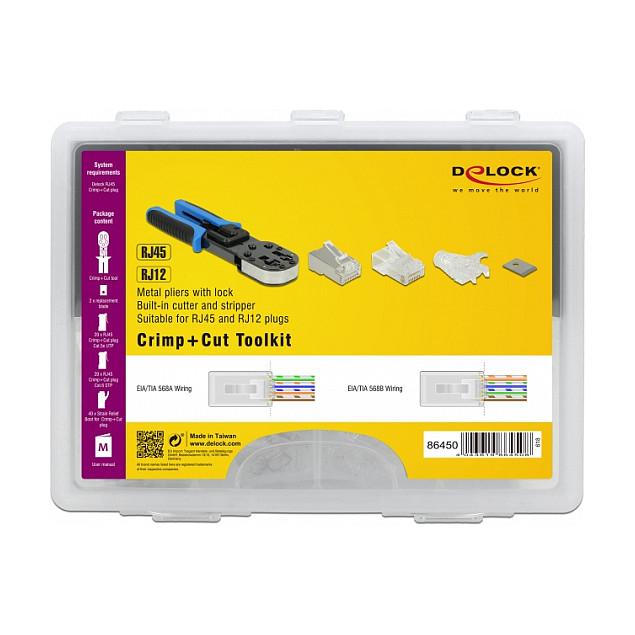 Set Veglash për Montimin e Konektorëve të Rrjetit DeLOCK 86450, RJ-45, RJ-12, me Prerës dhe Zhveshës Kabllosh, 40 Konektorë - Blu/Zeze - 4