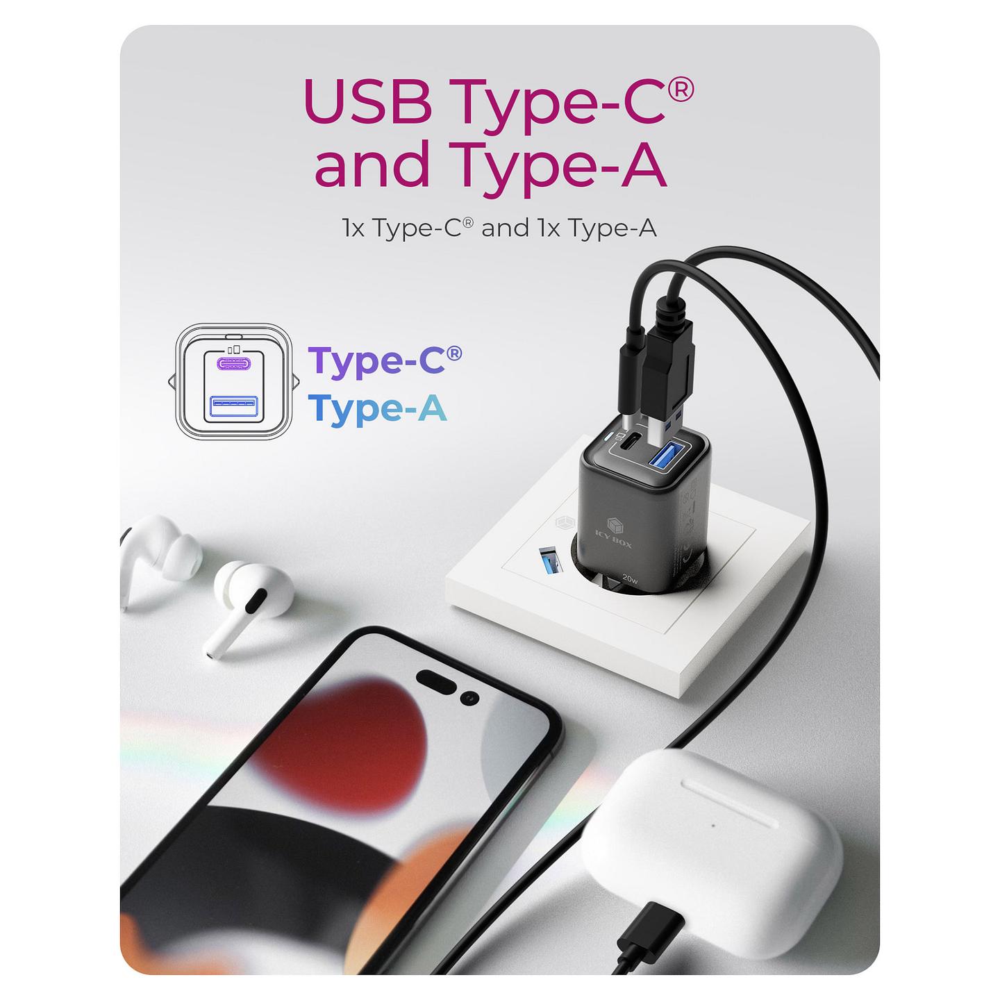 Adapter ICY BOX IB-PS1020-PD / 20W / 1x USB-C PD 20W / 1x USB-A QC 3.0 18W / 2-Port / Universal – Zezë - 4