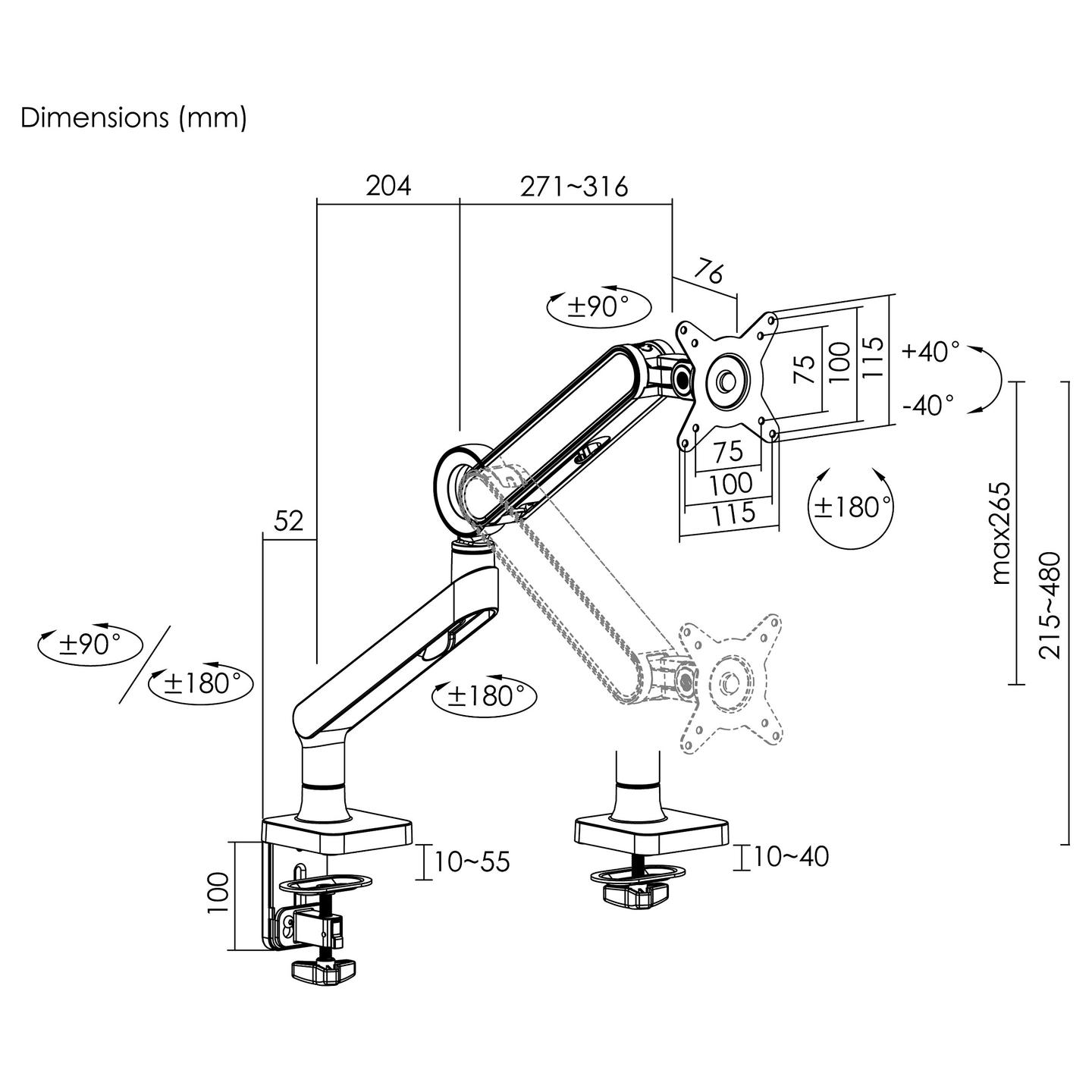 Mbajtëse për Monitor Equip 650185 / 1 Monitor / 17"-35" / 10.5kg / Gas Spring / Clamp-Grommet / Tilt ±40° / Swivel ±90° - Bardhë - 5