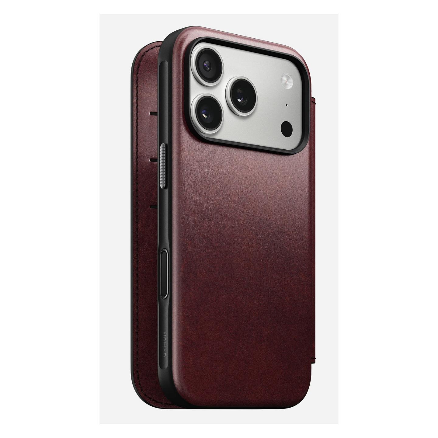 Case për Telefon Nomad Modern Leather Folio, iPhone 17 Pro, Horween Leather, MagSafe, Qi2, 3 Fole për Karta, Mbrojtje deri 2.4m - Bordo