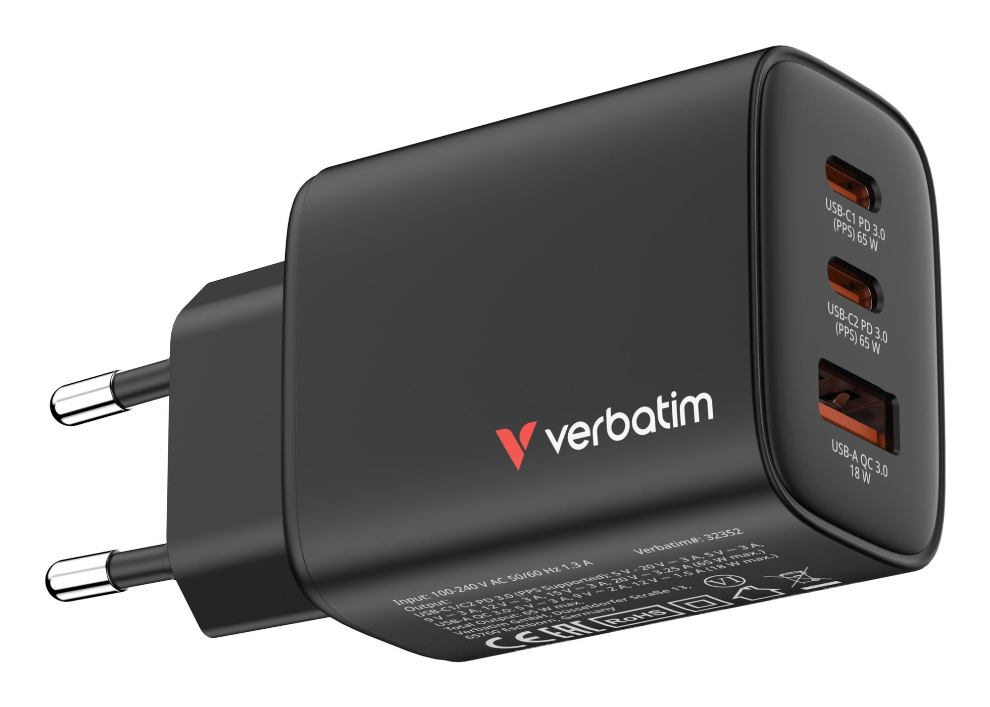 Karikues Verbatim Essentials GaN / 32352 / 65W / 2x USB-C + USB-A / PD 3.0 / PPS / QC 3.0 – Zezë - 2