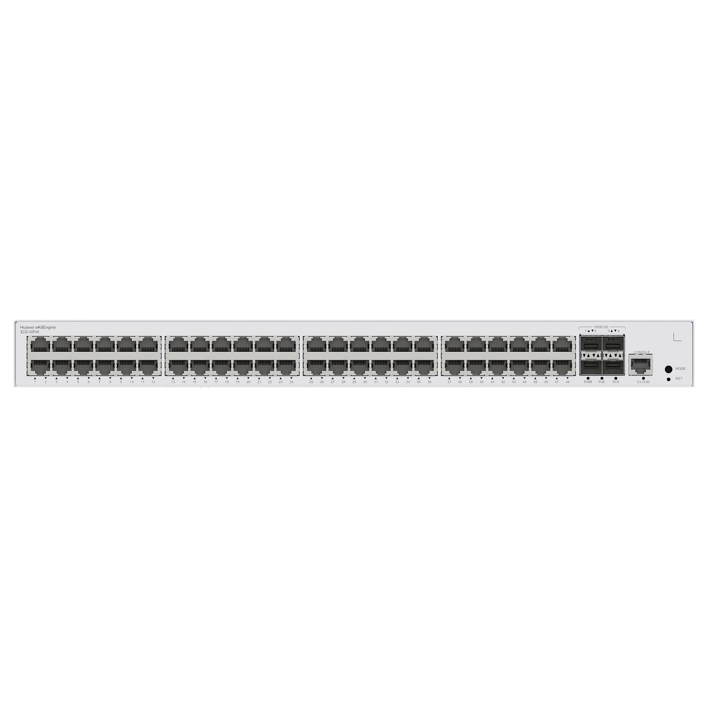 Switch Huawei eKit S220-48P4X, 48x Gigabit Ethernet PoE+, 4x 10G SFP+, PoE 380W, Switching Capacity 176Gbps, Layer 2 Managed, Rackmount 1U - Bardhë - 2