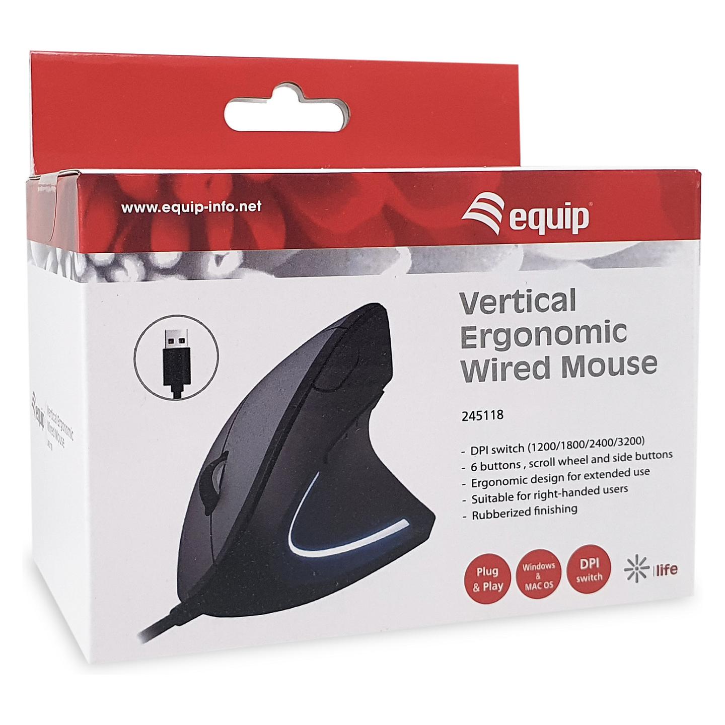 Maus Vertikal me Kabllo Equip 245118 / 3200 DPI – Zezë - 8