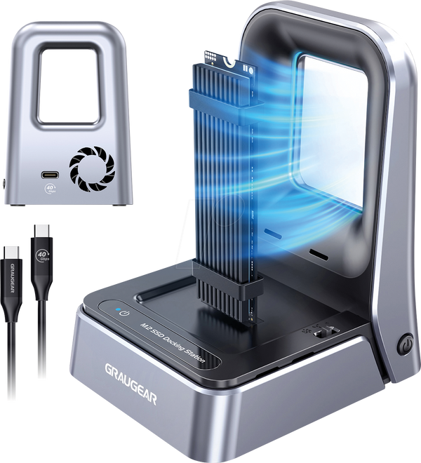 Docking Station për SSD M.2 GRAUGEAR G-M2DK2-40G / 1x M.2 NVMe PCIe 4.0 x4 / M-Key / 2230–2280 + 22110 / USB 4.0 Type-C / 40Gbps / Ftohje Aktive – Argjend/Zezë - 2