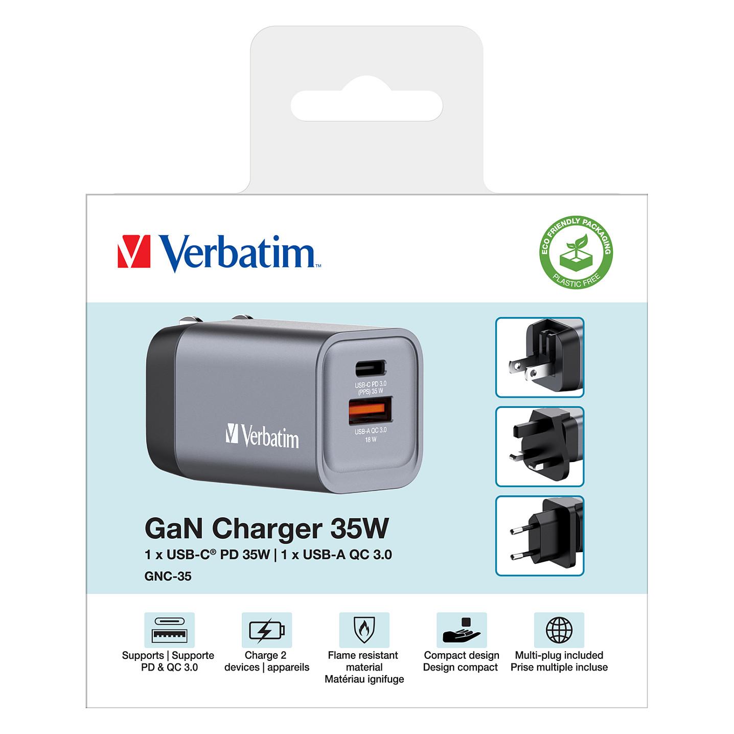 Karikues Verbatim GNC-35, GaN, 35W, USB-C PD 3.0, USB-A QC 3.0, Adapterë EU/UK/US – Gri - 9