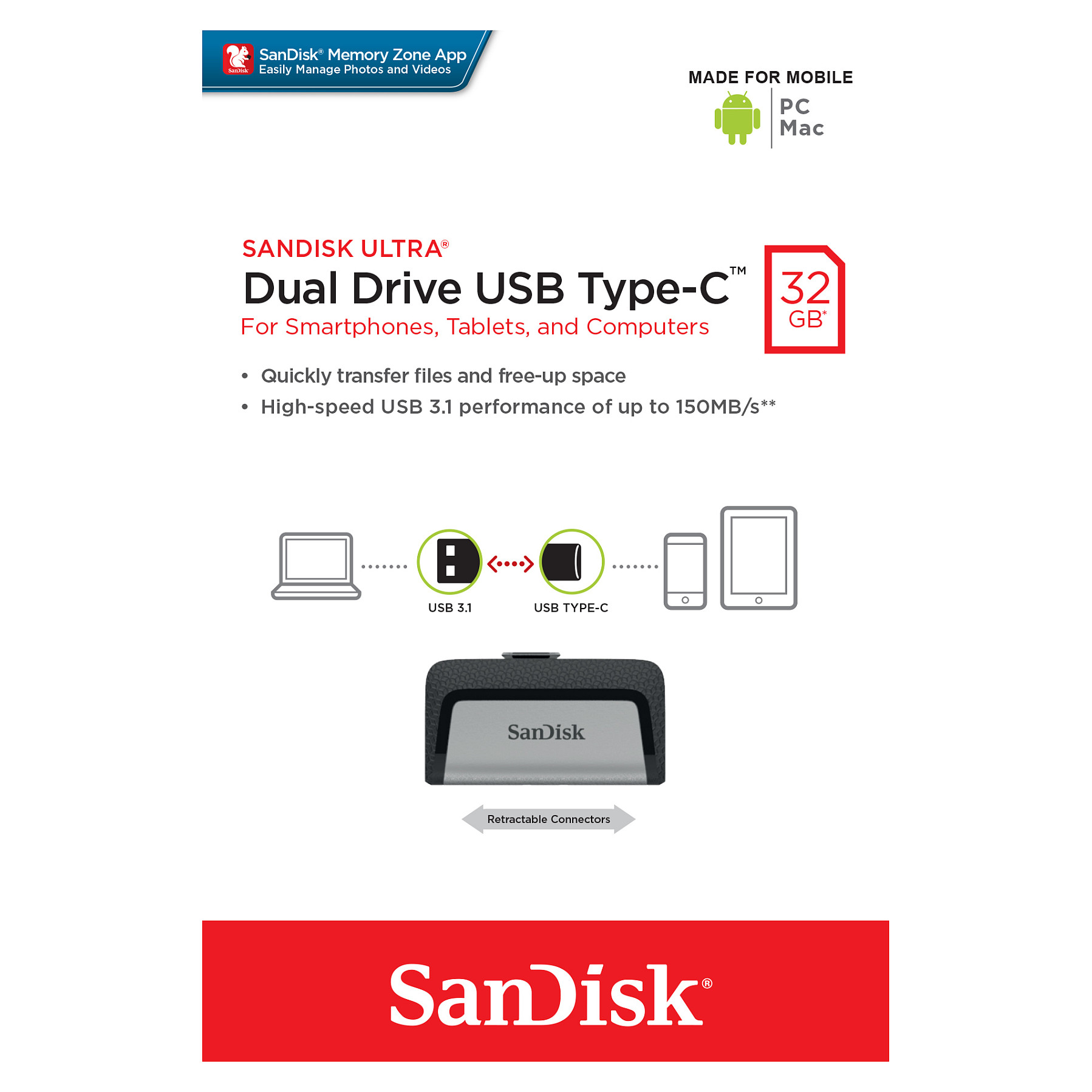 USB Flash Drive SanDisk Ultra Dual Drive Type-C / 32GB / USB Type-A + USB Type-C / USB 3.2 Gen 1 - Argjend - 10