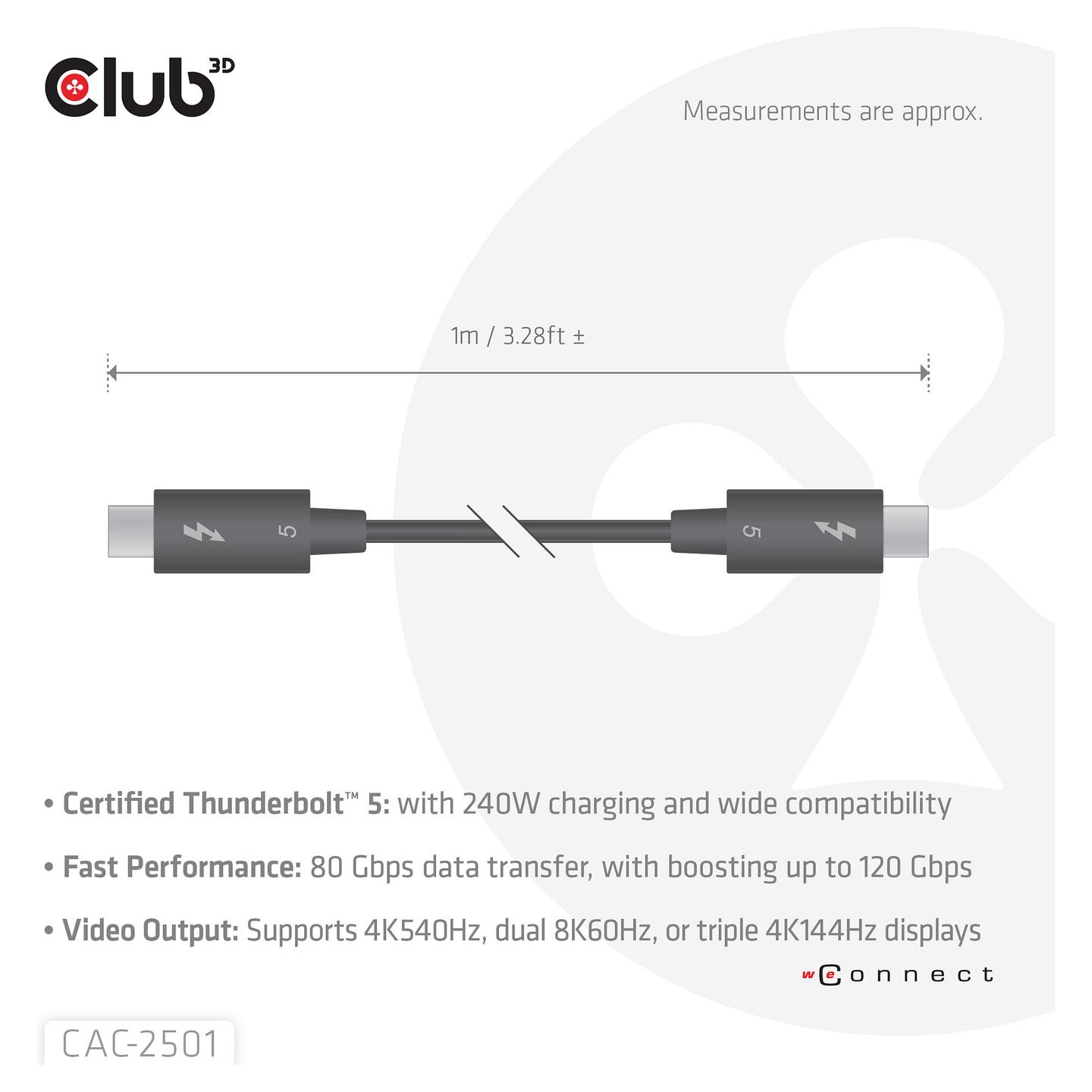 Kabllo USB CLUB3D CAC-2501, Thunderbolt 5, USB-C në USB-C, 80/120 Gbit/s, 240W, 1m - Zezë - 4