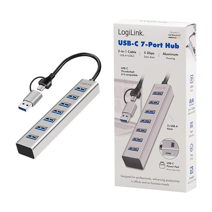 Hub USB-A LogiLink UA0441, 7x USB-A, USB 3.0, 5Gbps, kabllo 2-në-1, alumin - Argjend - 4