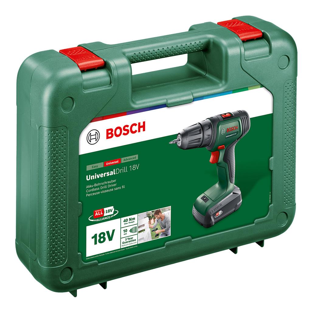 Shpuese-Vidator me Bateri Bosch UniversalDrill 18V, 40Nm, 2 Shpejtësi, Mandrinë 10mm, 1x1.5Ah, Karikues, Valixhe - Gjelbër/Zezë - 3