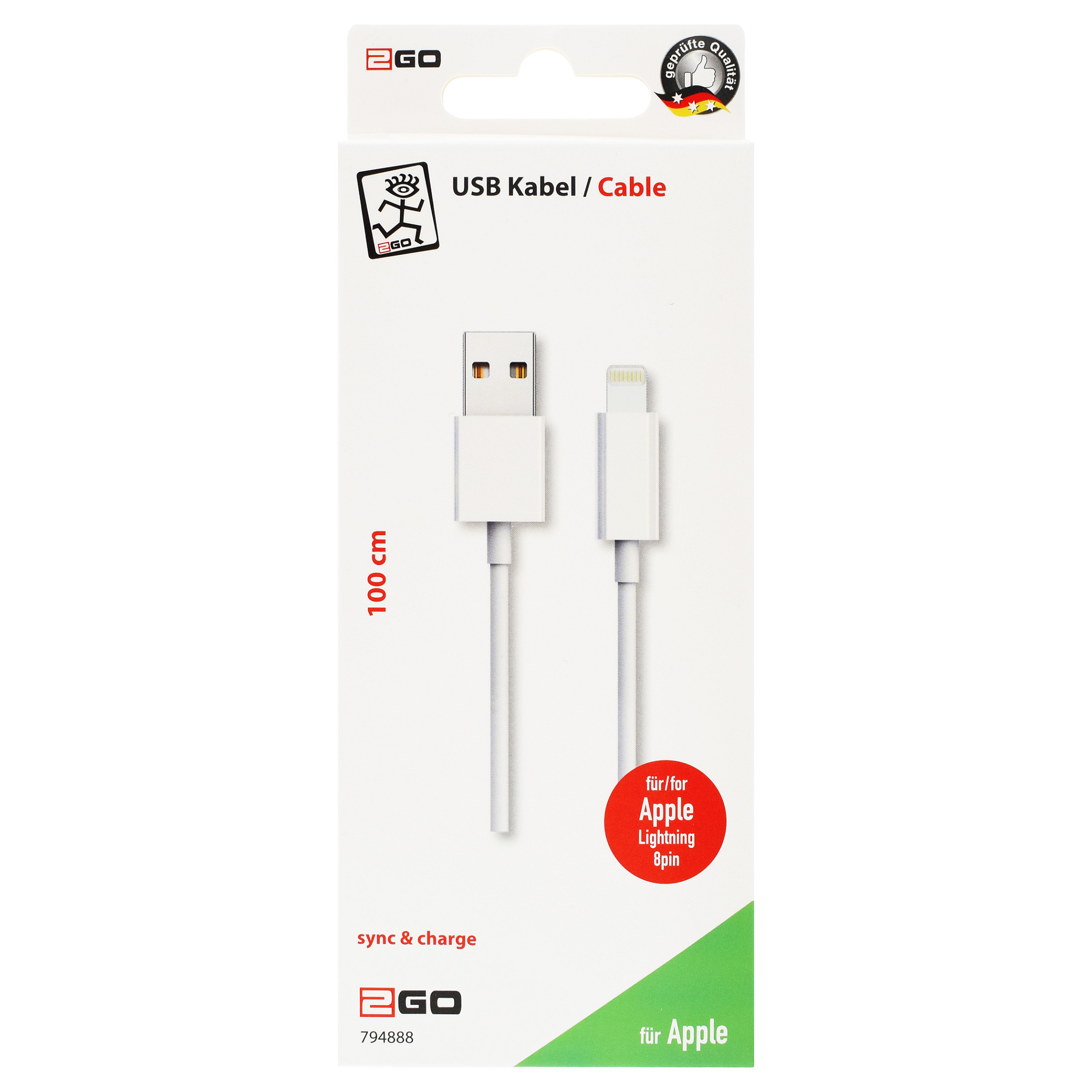 Kabllo 2GO 794888 / USB-A në Lightning / 1m – Bardhë - 2