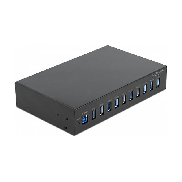 Hub USB DeLOCK 64112 / USB 3.2 Gen 1 / 10x USB-A / 5 Gbit/s / Montim në Rack 10" / Furnizues Energjie - Zezë